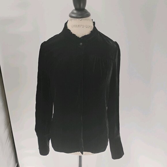go silk velvet long sleeve black black button down ruffle collar washable silk - Picture 4 of 14